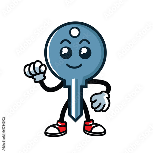 Blue Cartoon Key Mascot Cute Kawaii Vector Character with Sneakers for Kids Stickers and Logo