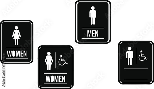 Toilet icons set. Men and women restroom icon sign right arrow. Disabled wheelchair icon. Vector Illustration