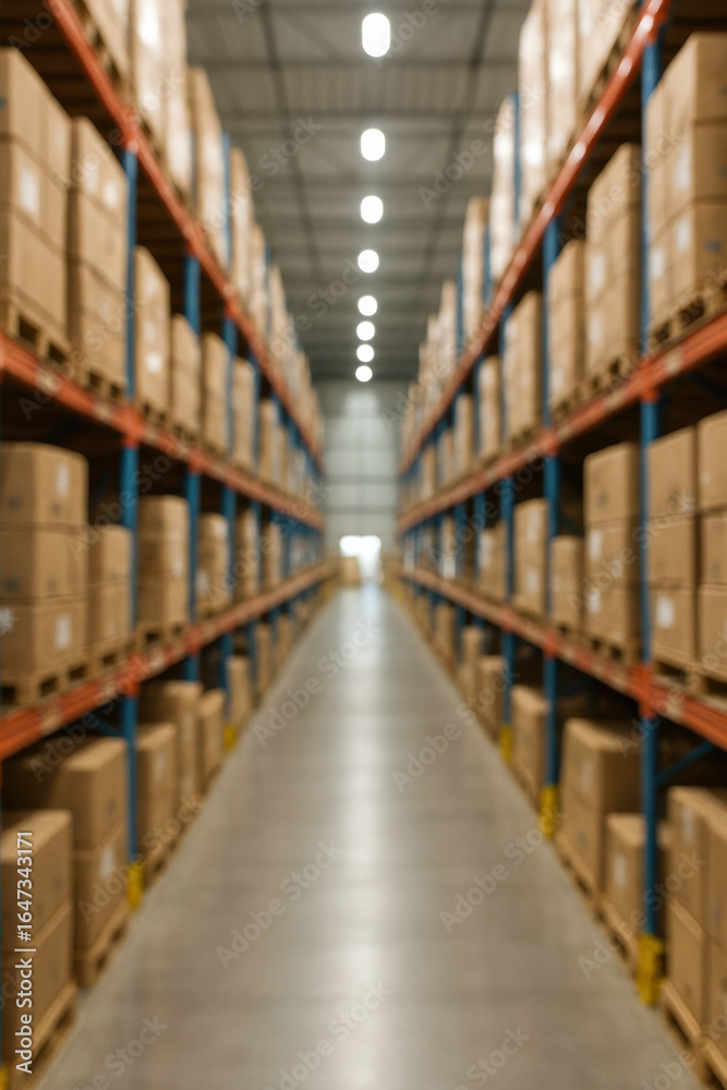 Blurred view of large warehouse with shelves full of boxes industrial storage and logistics concept Blurred view of large warehouse with shelves full of boxes industrial storage and logistics concept