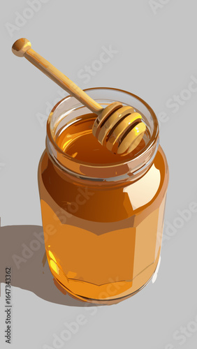 Sweet golden honey drips from a wooden dipper into a glass jar, showcasing a healthy and natural ingredient
