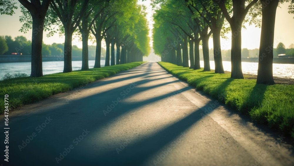 Fototapeta premium Tree-lined road with shadows cast by trees, beside water, during sunset or sunrise. Nature and landscape, peaceful and scenic environment. The concept of tranquility and outdoor scenery.