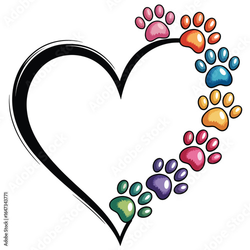 Heart shaped rainbow paw print border with black brush stroke t shirt design
