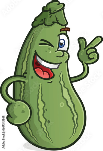 Cartoon zucchini mascot with swagger, winking and pointing in a cheeky, streetwise pose. Fun, confident, and bold.