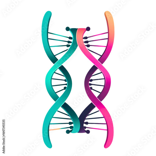 Two intertwined double helix strands representing dna with a gradient of teal to pink and purple colors