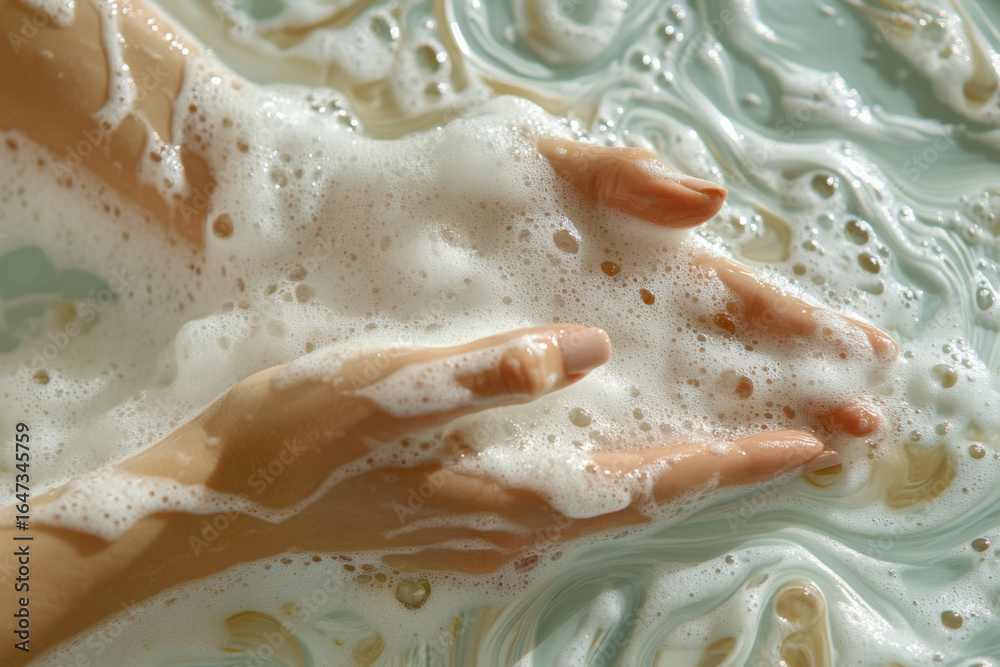Fototapeta premium A woman's hands are submerged in foamy, soapy water inside a bathtub. The water is a light blue color with white swirls around the hands
