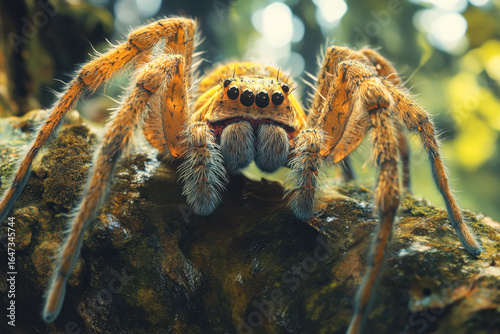 Hairy huntsman spider with many eyes on mossy branch in jungle