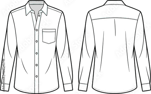 Long sleeve button down shirt with chest pocket front and back technical flat sketch, classic collar design, fashion cad drawing, vector illustration for garment production details
