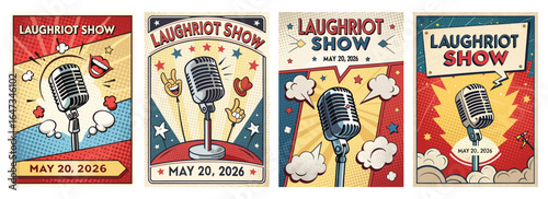 Vibrant promotional posters for a comedy show featuring a classic microphone, colorful bursts, and playful elements.