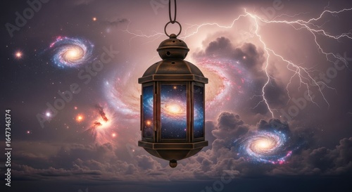 Ornate lantern illuminated against a cosmic sky with swirling galaxies and lightning