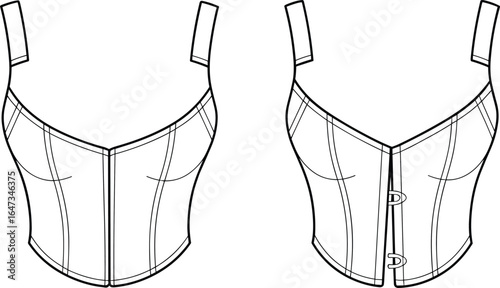Women’s corset top front and back technical flat sketch, sleeveless fitted bodice design with straps, fashion cad drawing, vector illustration for garment production details