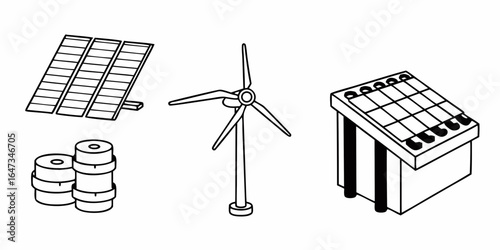 Illustration of solar panels, a wind turbine, and stacked cylindrical objects on a white background