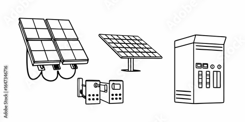 Illustration of solar panels, inverters, and electrical panel depicted in black and white outline style