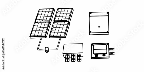 Illustration of solar panels connected to electrical boxes and wiring components in a simple drawing