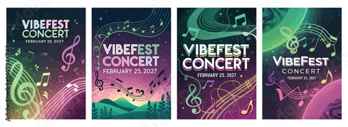 Colorful concert posters featuring musical notes and vibrant colors promoting Vibefest Concert, February 25, 2027.