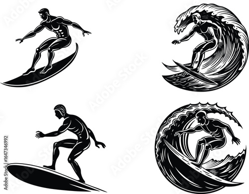 Surfer Silhouette Set Sheet Vector: Dynamic Wave Riding Poses for Extreme Sports and Beach Design, Transparent Background