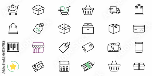 Illustration of various shopping icons including cart, box, tag, truck, bag and more icons