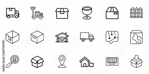 Outline icons depicting delivery, storage, and packaging elements in a logistics setting theme