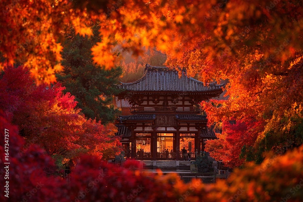 Fototapeta premium 紅葉に囲まれた寺院、秋の情景