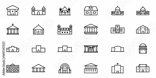 Collection of simple line drawings of various buildings and architectural structures in black and white