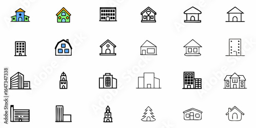 Illustration of various building types including houses and skyscrapers in simple cartoon style