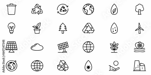 Collection of environmental icons including recycle symbols and renewable energy sources displayed