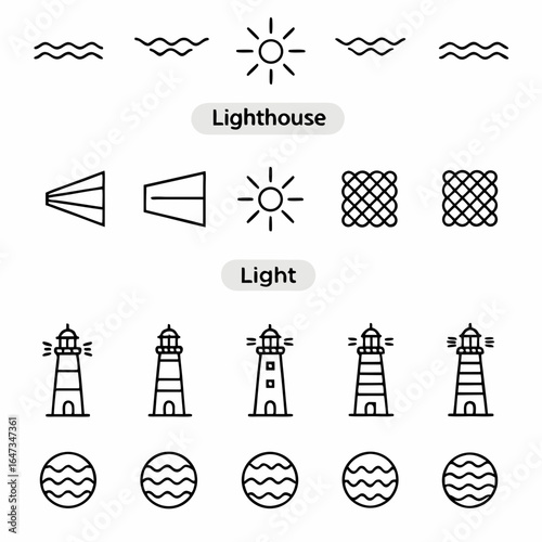Collection of black and white lighthouse icons with waves sun and geometric shapes in a vector format