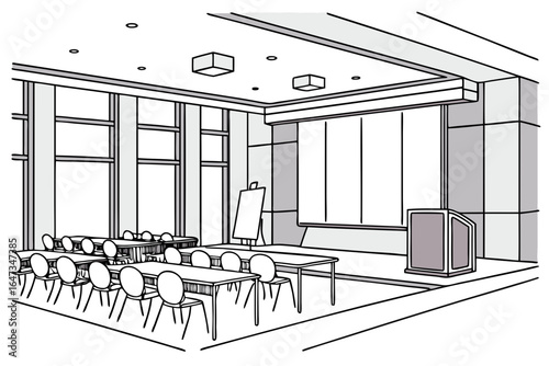 Illustration of a conference room with tables chairs projector screen and podium in black and white