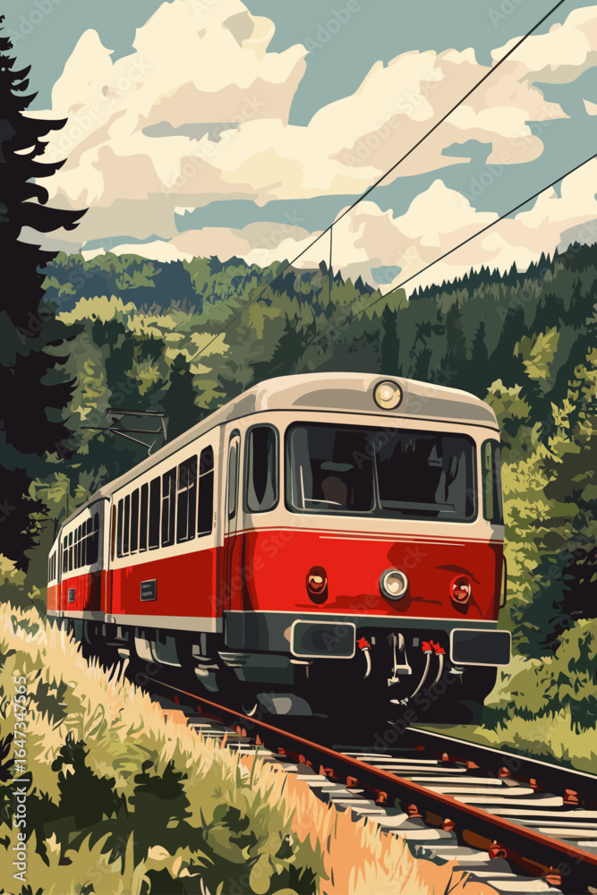 Naklejka premium Vintage Red Train Through Lush Green Landscape