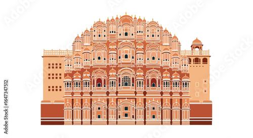 Detailed vector illustration of a historic pink palace in Jaipur, India. Famous Rajasthani architecture and travel landmark isolated on white. india