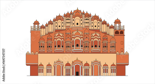 Architectural vector illustration of a famous pink sandstone palace facade in Jaipur, a historic landmark of Rajasthan, India.