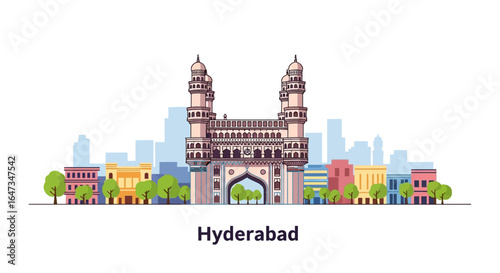 Iconic Charminar Monument in Hyderabad, India with Cityscape india