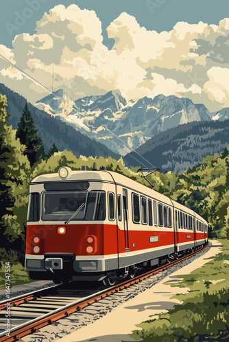 Vintage Red Train Through Lush Green Landscape