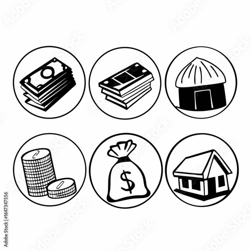 Illustration of money and houses isolated on white background, representing investment, finance, wealth, and economy in a simple and graphic design