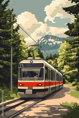Vintage Red Train Through Lush Green Landscape