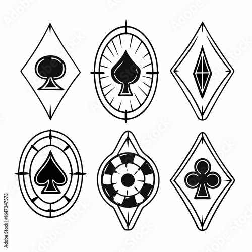 Set of card game icons isolated on white background featuring poker, casino, and gambling elements for entertainment and leisure activities