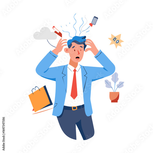 Exhausted businessman with chaos and mess in head suffer from nervous breakdown. Tired emotional man struggle with stress and overwork. Vector ... See More