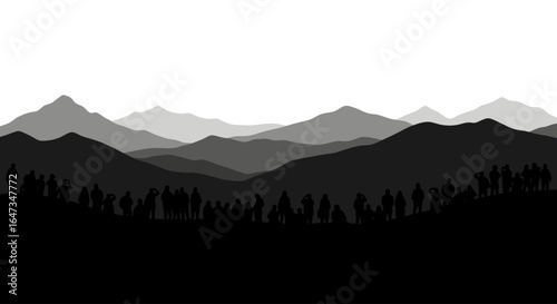 majestic mountain range silhouette a crowd of people witnessing breathtaking views ideal for travel adventure and naturethemed designs