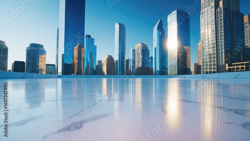 A modern city skyline with tall skyscrapers and a reflective surface, showcasing urban architecture and development.