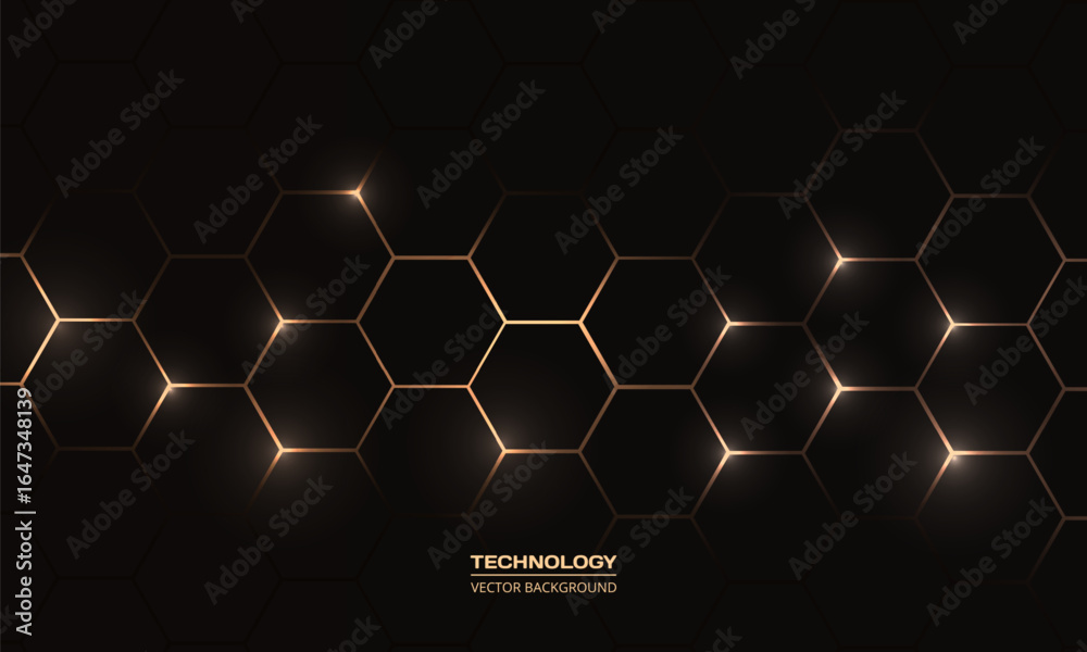 Black and gold hexagonal technology abstract background with honeycombs. Vector illustration