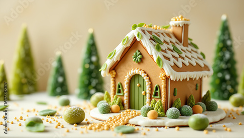 Elegant gingerbread house in a miniature winter scene, with refined green and gold details, representing sophisticated holiday baking, Christmas traditions, and festive dessert art.

