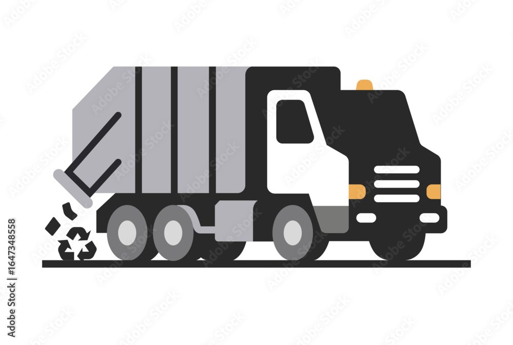Fototapeta premium Flat vector illustration of garbage truck collecting waste in urban area. Eco-friendly recycling, rubbish disposal, and waste management concept for city environment and green industry.