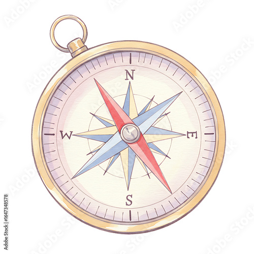 Vintage compass illustration with cardinal directions marked.  Watercolor isolated on transparent background 