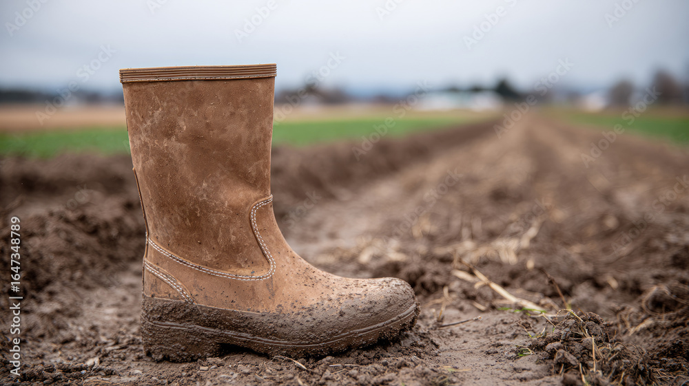 Fototapeta premium Muddy boot on a rural dirt path with fields in the background.