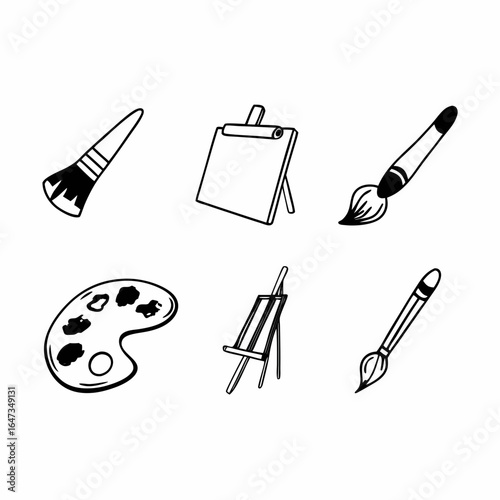 Illustration of art supplies including brushes, easel, palette, and clipboard isolated on white background for creative projects
