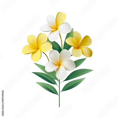 Tropical frangipani plumeria flowers in white and yellow with green leaves isolated