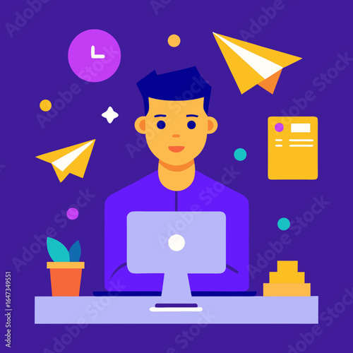 Vibrant digital art illustration of a person working on a computer