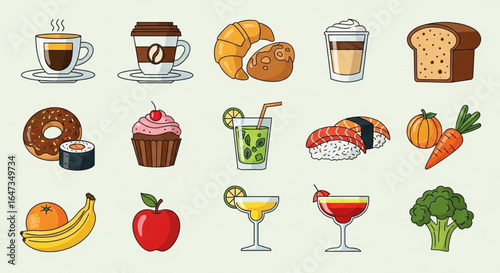 A vector icon pack of popular food and drink — coffee cups, bakery items, sushi, cocktails, fresh produce — bold flat style with warm, appetizing colors