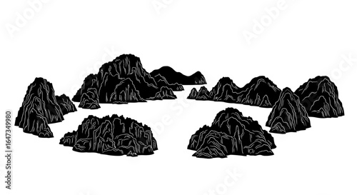 island archipelago silhouette perfect for travel brochures game design or artistic projects needing a dramatic minimalist mountain range illustration