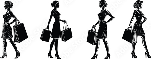 Shopping Woman Silhouette Set Sheet Vector: Fashionable Poses with Bags for Retail and Lifestyle Design, Transparent Background