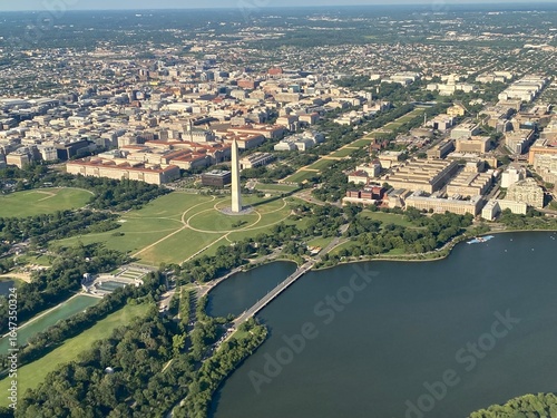 Aerial view of the National Mall in Washington, DC, featuring the Washington Monument, Capitol Building, World War II Memorial, and Reflecting Pool.